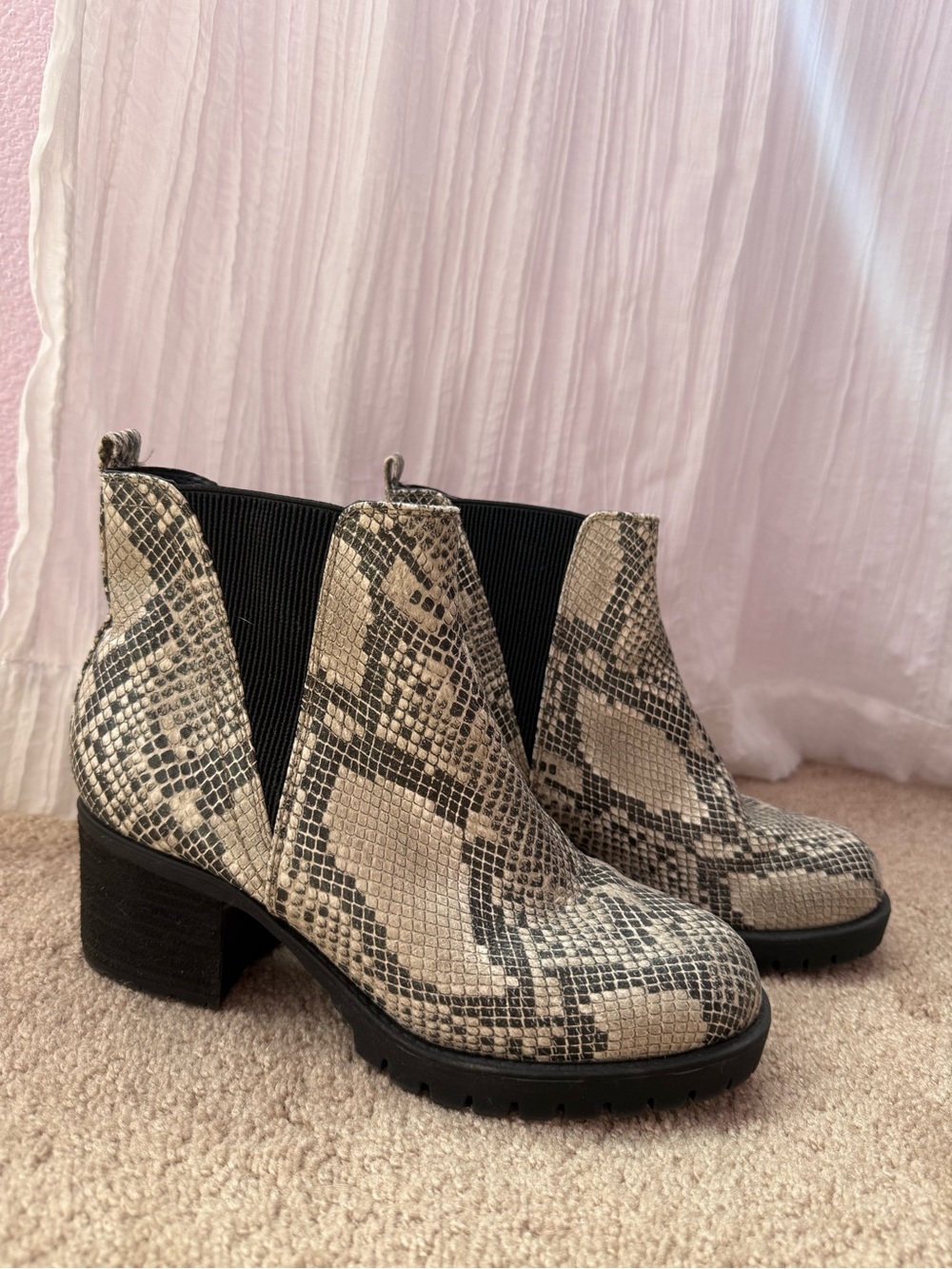 MIA Snake-Print Chelsea Booties in Black and Beige